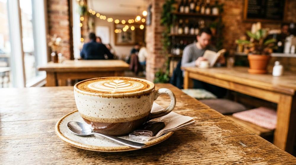 A freshly made latte in the warm, welcoming atmosphere of Save For A Date