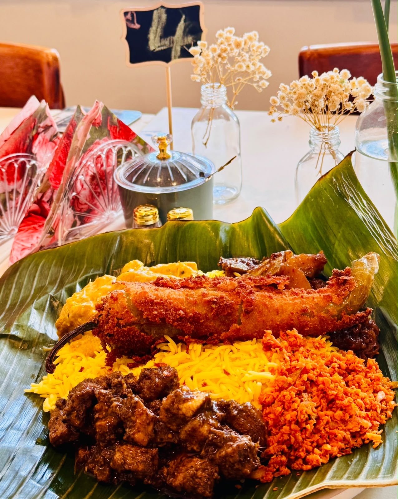 Sri Lankan rice and curry served on a banana leaf