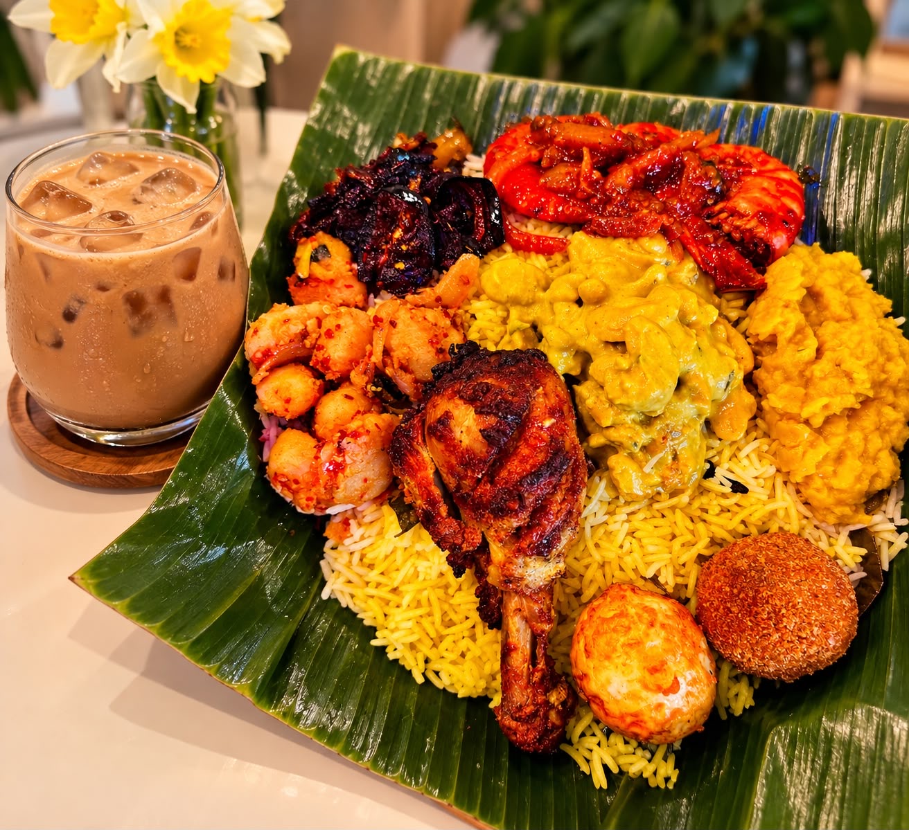 Sri Lankan rice and curry feast with iced coffee