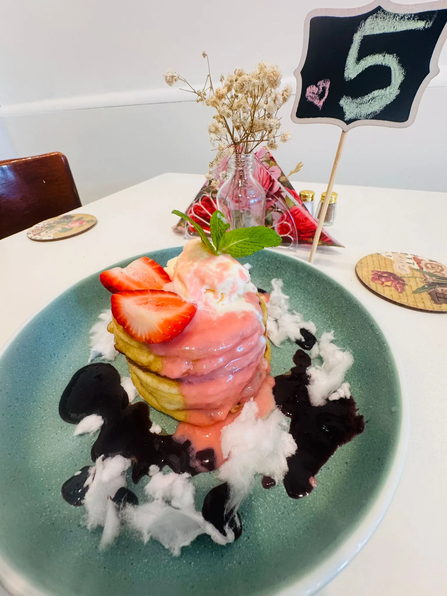 Strawberry pancake stack at Save For A Date Café in South Hobart
